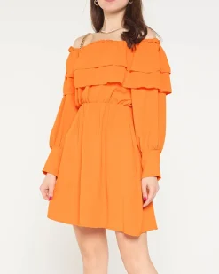 Sukienki Krótkie^Royalfashion Krótka pomarańczowa damska sukienka z falbanami- Odzież pomarańczowy