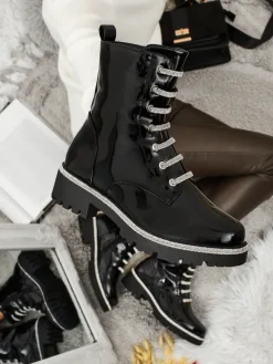 Botki Z Delikatnym Ociepleniem|Botki Sznurowane^Royalfashion Lakierowane sznurowane botki damskie Fjorra