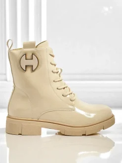 Botki Z Delikatnym Ociepleniem|Botki Sznurowane^Royalfashion Lakierowane sznurowane botki damskie Kalen beżowy