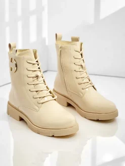 Botki Z Delikatnym Ociepleniem|Botki Sznurowane^Royalfashion Lakierowane sznurowane botki damskie Kalen beżowy