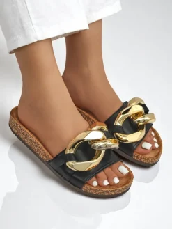 Klapki Płaskie^Royalfashion Letnie klapki Ariadne z dużym złotym łańcuchem, czarna skóra czarny