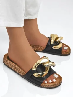 Klapki Płaskie^Royalfashion Letnie klapki Ariadne z dużym złotym łańcuchem, czarna skóra czarny