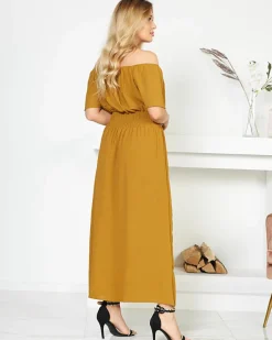 Sukienki Letnie|Sukienki Długie^Royalfashion Musztardowa sukienka maxi z gumką w pasie- Odzież Musztarda