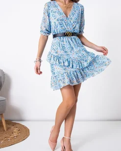 Sukienki Letnie|Sukienki Krótkie^Royalfashion Niebieska damska mini sukienka we wzorki - Odzież Ecru