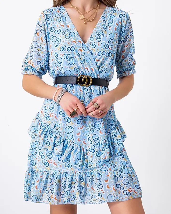 Sukienki Letnie|Sukienki Krótkie^Royalfashion Niebieska damska mini sukienka we wzorki - Odzież Ecru