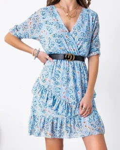 Sukienki Letnie|Sukienki Krótkie^Royalfashion Niebieska damska mini sukienka we wzorki - Odzież Ecru