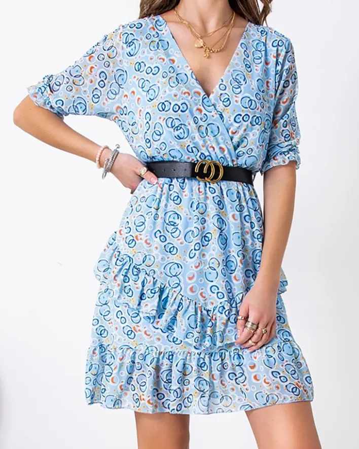 Sukienki Letnie|Sukienki Krótkie^Royalfashion Niebieska damska mini sukienka we wzorki - Odzież Ecru