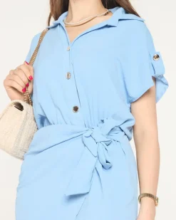 Sukienki Letnie|Sukienki Krótkie^Royalfashion Niebieska damska mini sukienka z wiązaniem - Odzież Ecru