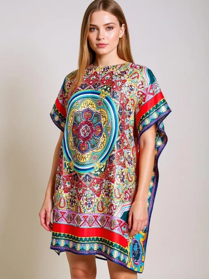 Narzutka Plażowa|Bluzki / Koszule / Koszulki^Royalfashion Pareo Ariadne – kolorowa sukienka do kolan z poliestru Wielokolorowe