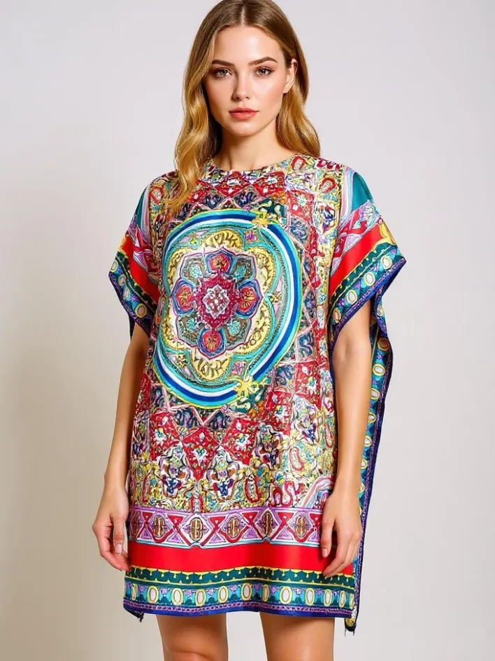 Narzutka Plażowa|Bluzki / Koszule / Koszulki^Royalfashion Pareo Ariadne – kolorowa sukienka do kolan z poliestru Wielokolorowe