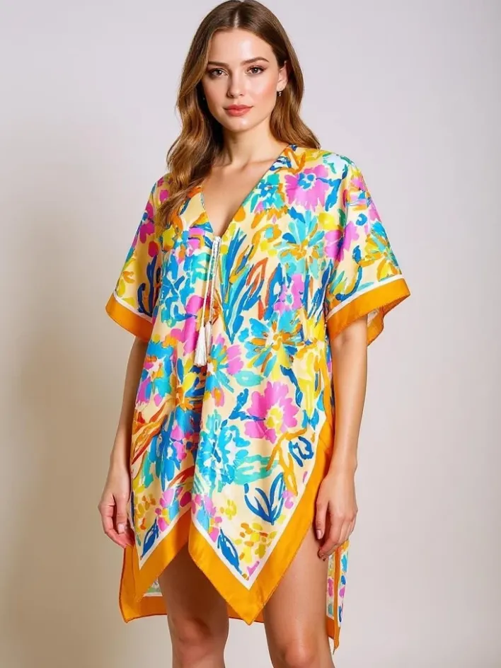 Narzutka Plażowa|Bluzki / Koszule / Koszulki^Royalfashion Pareo do kolan Callista – wielokolorowa sukienka plażowa z dekoltem V Wielokolorowe