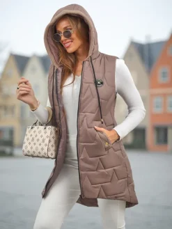 Kurtki / Marynarki / Płaszcze^Royalfashion Pikowana długa kamizelka damska z kapturem Echo Shard brązowy