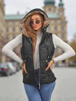Kurtki / Marynarki / Płaszcze^Royalfashion Pikowana kamizelka damska z kapturem Ash Crown czarny
