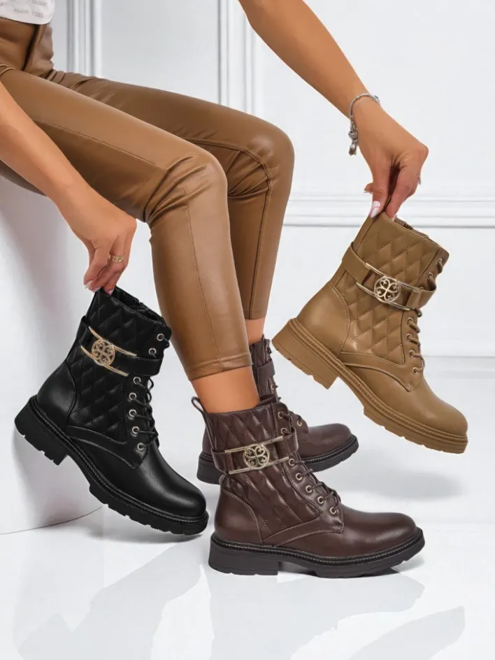 Botki Sznurowane|Botki Z Delikatnym Ociepleniem^Royalfashion Pikowane botki damskie z ekologicznej skóry Sable Rose brązowy