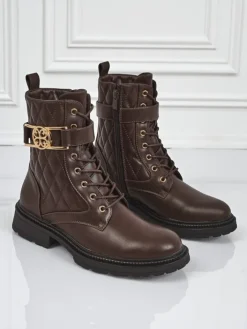 Botki Sznurowane|Botki Z Delikatnym Ociepleniem^Royalfashion Pikowane botki damskie z ekologicznej skóry Sable Rose brązowy