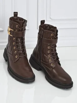 Botki Sznurowane|Botki Z Delikatnym Ociepleniem^Royalfashion Pikowane botki damskie z ekologicznej skóry Sable Rose brązowy