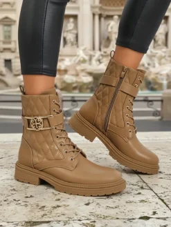 Botki Z Delikatnym Ociepleniem|Botki Sznurowane^Royalfashion Pikowane botki damskie z ekologicznej skóry Sable Rose jasny brązowy