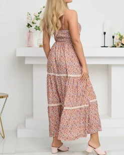 Sukienki Letnie|Plus Size^Royalfashion Pomarańczowa długa sukienka damska w kolorowe kwiatki - Odzież pomarańczowy