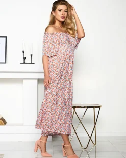 Sukienki Letnie|Sukienki Długie^Royalfashion Pomarańczowo- biała sukienka maxi z kwiatowym wzorem- Odzież biały