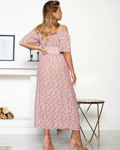 Sukienki Letnie|Sukienki Długie^Royalfashion Pomarańczowo- biała sukienka maxi z kwiatowym wzorem- Odzież biały