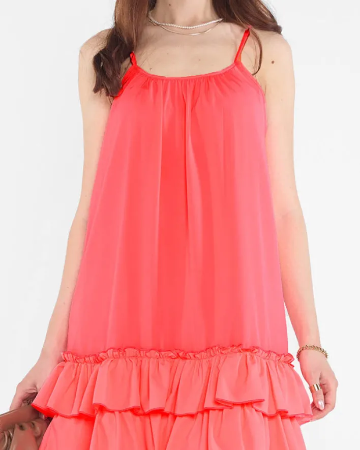 Sukienki Krótkie^Royalfashion Różowa owa damska sukienka na ramiączkach z falbankami - Odzież neon