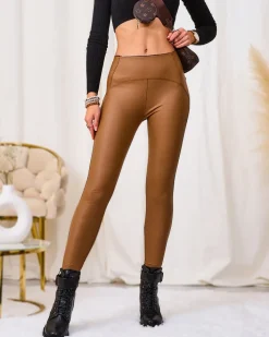 Eko Skórzane|Legginsy / Tregginsy^Royalfashion Damskie eko-skórzane legginsy w kolorze camel brązowy