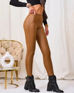 Eko Skórzane|Legginsy / Tregginsy^Royalfashion Damskie eko-skórzane legginsy w kolorze camel brązowy