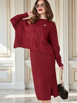 Komplety Damskie^Royalfashion Akrylowy pleciony komplet damski ze swetrem i spódnicą Warm&Fuzzy Bordowy