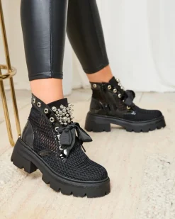 Botki Bez Ocieplenia|Botki Na Płaskim Obcasie^Royalfashion Ażurowe botki damskie w kolorze czarnym Afaserr