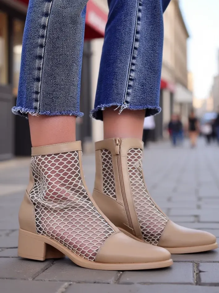 Botki Bez Ocieplenia|Botki Na Płaskim Obcasie^Royalfashion Ażurowe Damskie botki na niskim obcasie Rowices beżowy