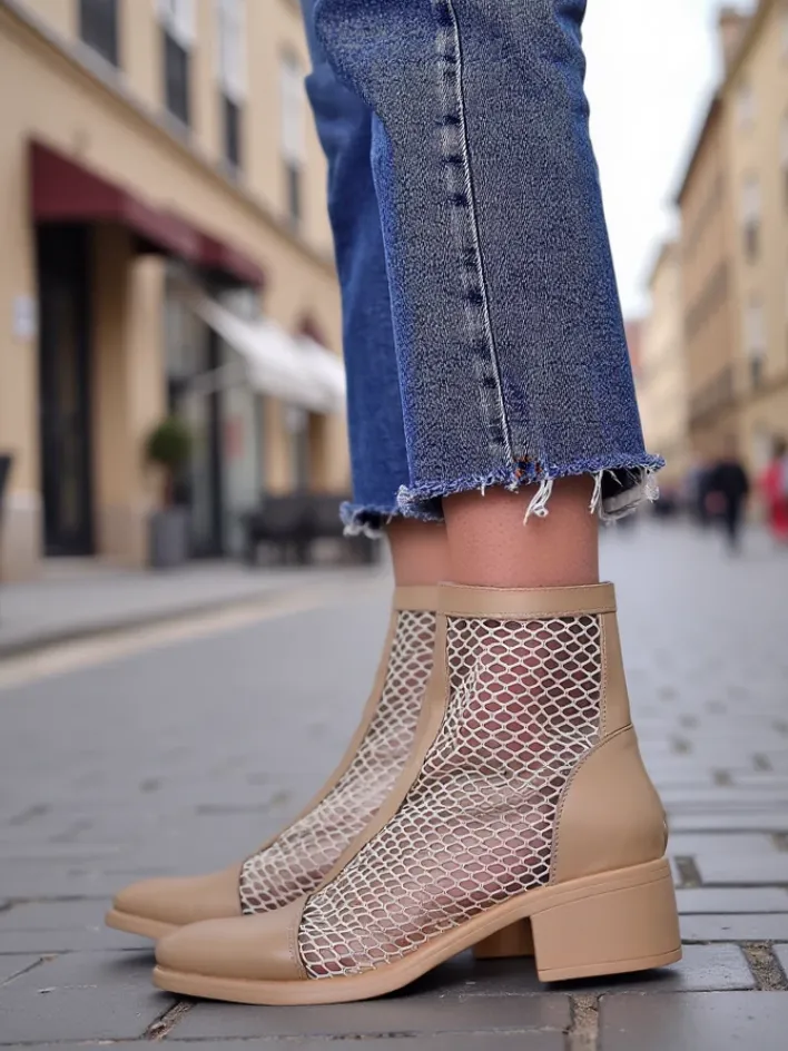 Botki Bez Ocieplenia|Botki Na Płaskim Obcasie^Royalfashion Ażurowe Damskie botki na niskim obcasie Rowices beżowy