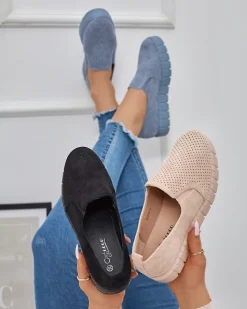 Trampki^Royalfashion Ażurowe damskie pudrowe tenisówki slip on Cegeti Proszek