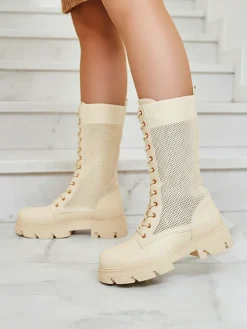 Workery|Botki Bez Ocieplenia^Royalfashion Ażurowe owe damskie botki sznurowane Buhomias krem