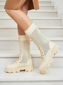 Workery|Botki Bez Ocieplenia^Royalfashion Ażurowe owe damskie botki sznurowane Buhomias krem