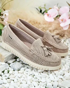 Mokasyny Na Płaskiej Podeszwie|Półbuty^Royalfashion Ażurowe mokasyny damskie Molaffa beżowy