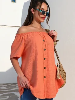 Bluzki / Koszule / Koszulki^Royalfashion Bawełniana bluzka damska a'la hiszpanka z ozdobnymi guzikami pomarańczowy