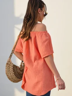 Bluzki / Koszule / Koszulki^Royalfashion Bawełniana bluzka damska a'la hiszpanka z ozdobnymi guzikami pomarańczowy