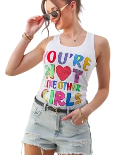 Bluzki / Koszule / Koszulki^Royalfashion Bawełniana bluzka bokserka damska na ramiączkach z napisami biały