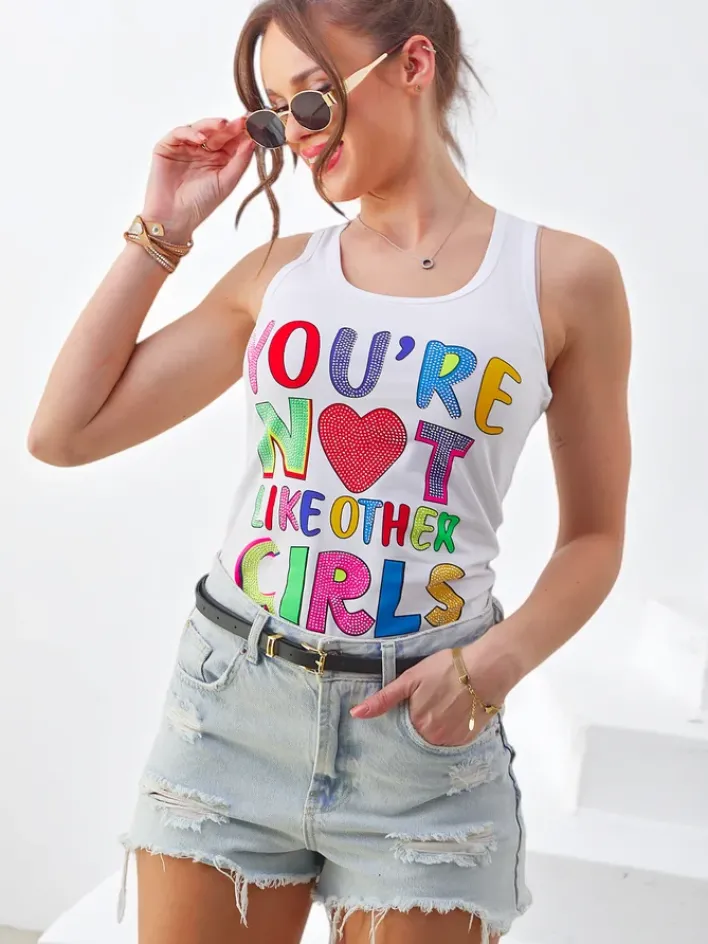 Bluzki / Koszule / Koszulki^Royalfashion Bawełniana bluzka bokserka damska na ramiączkach z napisami biały