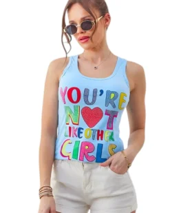 Bluzki / Koszule / Koszulki^Royalfashion Bawełniana bluzka bokserka damska na ramiączkach z napisami ŻywyNiebieski