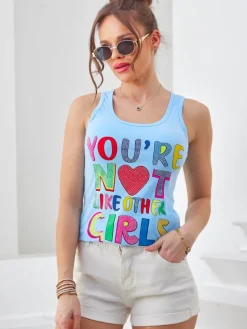 Bluzki / Koszule / Koszulki^Royalfashion Bawełniana bluzka bokserka damska na ramiączkach z napisami ŻywyNiebieski