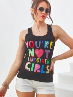 Bluzki / Koszule / Koszulki^Royalfashion Bawełniana bluzka bokserka damska na ramiączkach z napisami czarny