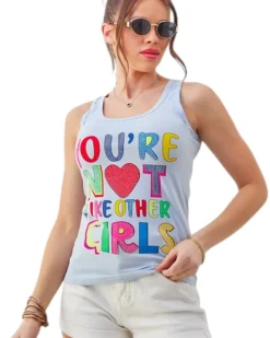 Bluzki / Koszule / Koszulki^Royalfashion Bawełniana bluzka bokserka damska na ramiączkach z napisami Jasnoniebieski