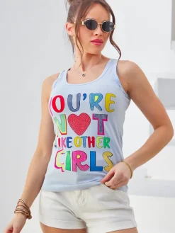 Bluzki / Koszule / Koszulki^Royalfashion Bawełniana bluzka bokserka damska na ramiączkach z napisami Jasnoniebieski