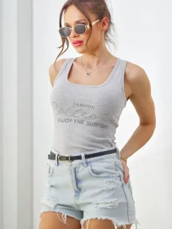 Bluzki / Koszule / Koszulki^Royalfashion Bawełniana bluzka bokserka damska na ramiączkach Enjoy The Summer Jasny szary