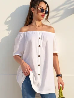 Bluzki / Koszule / Koszulki^Royalfashion Bawełniana bluzka damska a'la hiszpanka z ozdobnymi guzikami biały