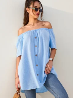 Bluzki / Koszule / Koszulki^Royalfashion Bawełniana bluzka damska a'la hiszpanka z ozdobnymi guzikami Błękit nieba