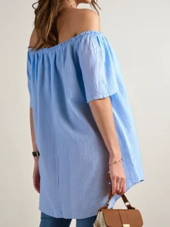 Bluzki / Koszule / Koszulki^Royalfashion Bawełniana bluzka damska a'la hiszpanka z ozdobnymi guzikami Błękit nieba