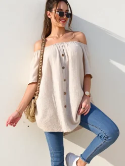 Bluzki / Koszule / Koszulki^Royalfashion Bawełniana bluzka damska a'la hiszpanka z ozdobnymi guzikami beżowy