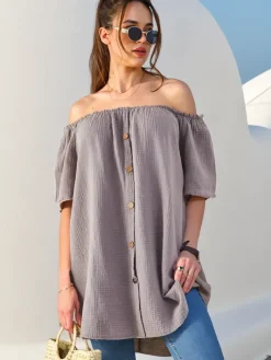 Bluzki / Koszule / Koszulki^Royalfashion Bawełniana bluzka damska a'la hiszpanka z ozdobnymi guzikami beżowy